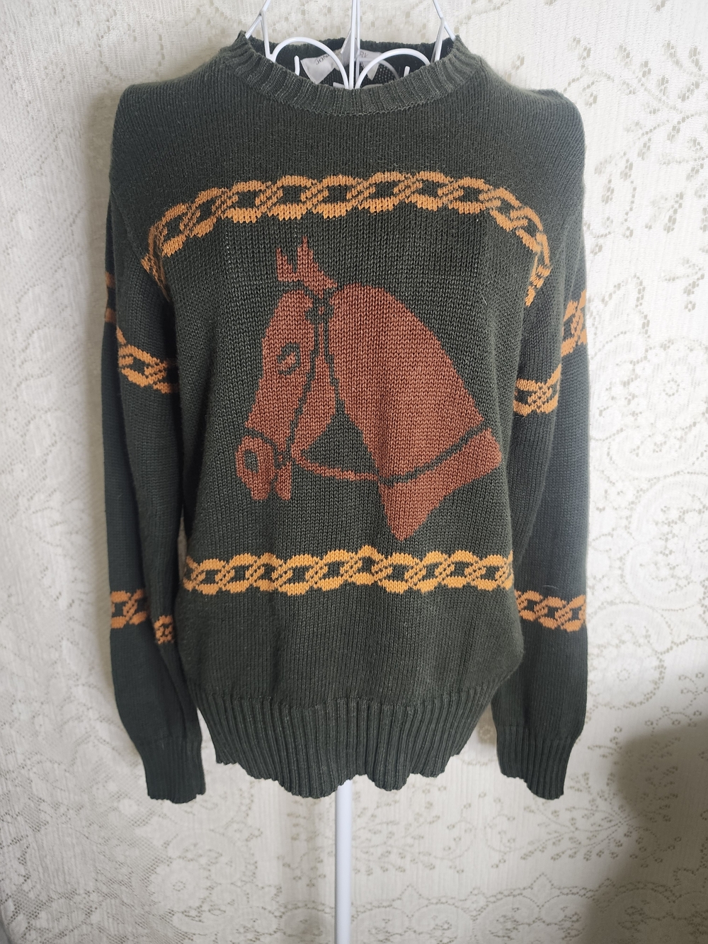 Vintage Jones New York Dark Green Crewneck Sweater with Brown Horse Motif
